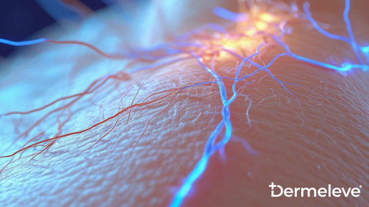 Artistic representation of nerve endings in human skin, showing electric-like signals to visualize neuropathic itch