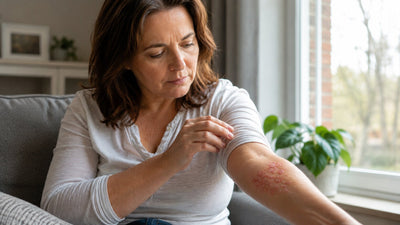 Middle-aged woman sitting by a bright window in her home, examining red scaly psoriasis patches on her forearm