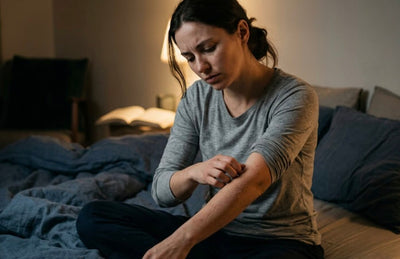 A woman sitting on a bed scratching a red, itchy skin rash on her forearm.