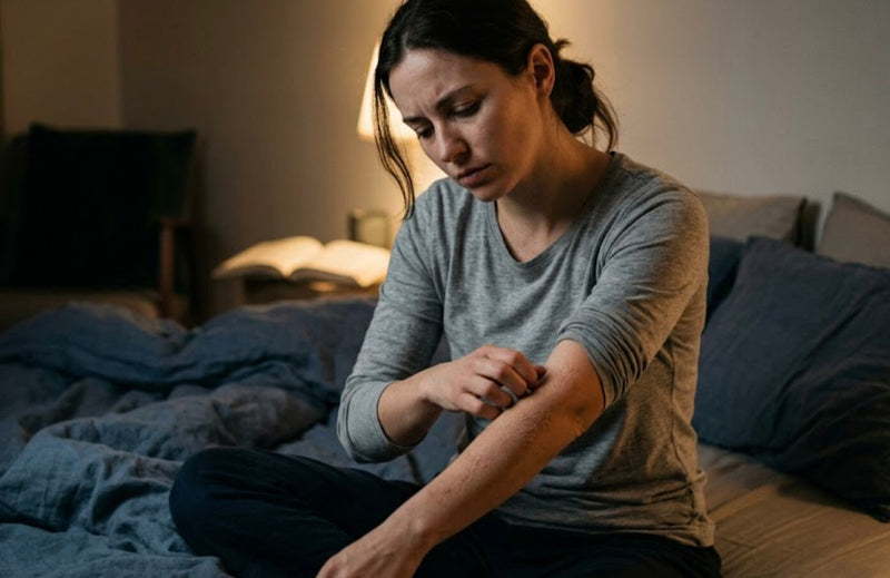 A woman sitting on a bed scratching a red, itchy skin rash on her forearm.